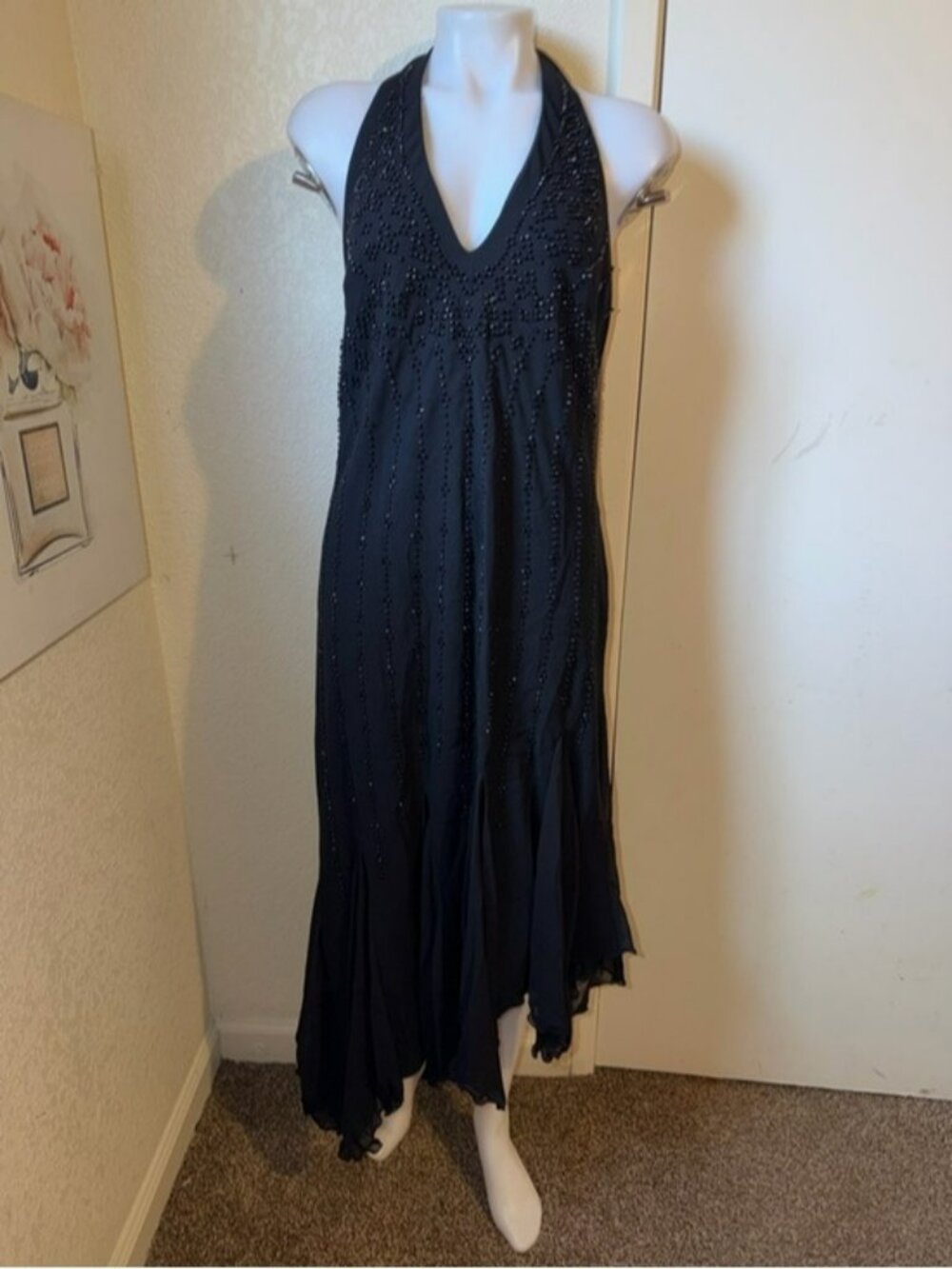 Black Beaded Halter Evening Dress y2k